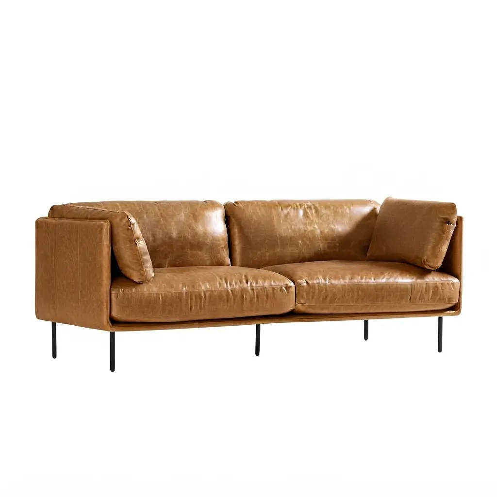 Vita Sofa Kulit Minimalis 2 dudukan full grain leather warna cognac tan kaki metal hitam gaya kontemporer custom sofa tersedia untuk ruang tamu modern