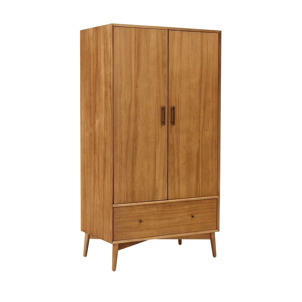 Cairo lemari pakaian 2 pintu kayu jati natural gaya mid-century modern dengan laci dan kaki runcing