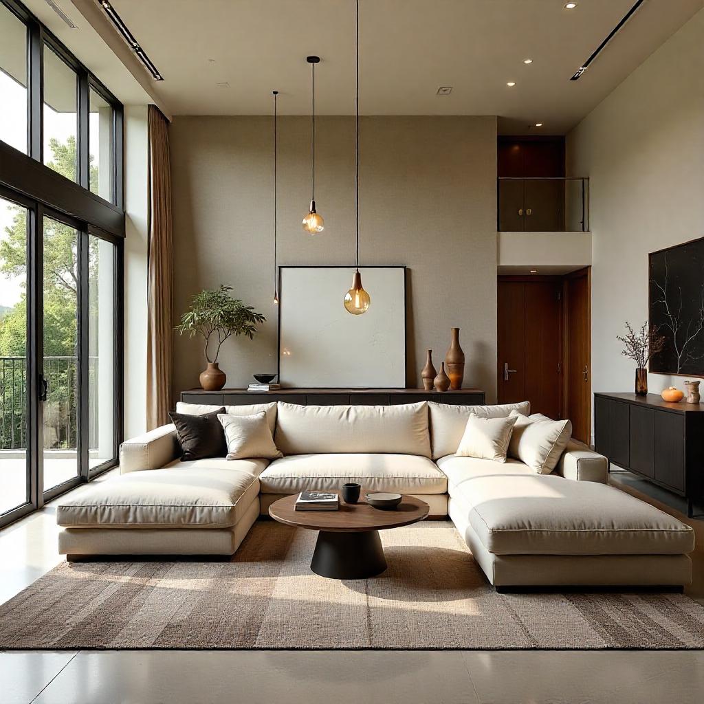 Ruang tamu modern dengan sofa sudut krem, meja bundar kayu, lampu gantung minimalis, dan jendela besar yang menghadirkan pencahayaan alami serta pemandangan luar.