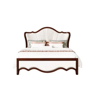 Tatami Retro Bed Frame Klasik Mewah - Dipan American Classic Jakarta Headboard Fan Tufting Krem Bingkai Kayu Mahoni