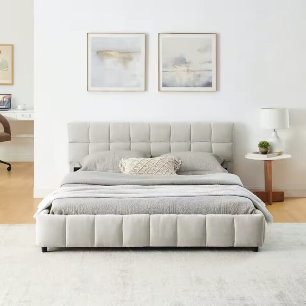 Tufted Bed Frame with Storage Wood