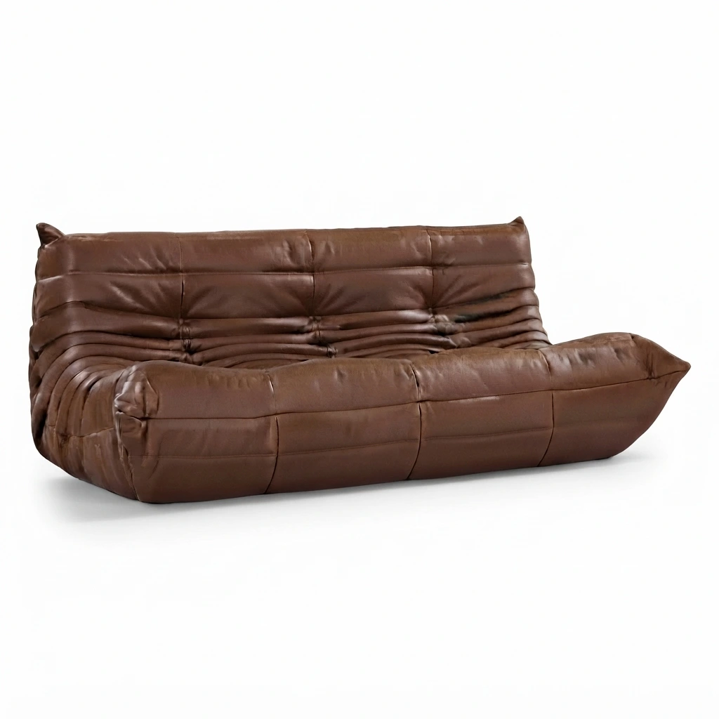 Togo Sofa Leather 3 Seater sofa lantai kulit warna cognac brown tanpa kaki desain ikonik nyaman untuk ruang tamu kecil minimalis