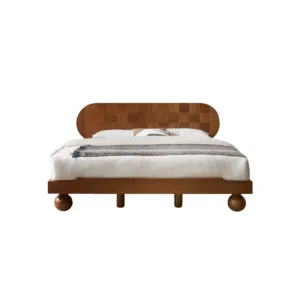 Sora Vintage Bed Frame Kayu Solid Coklat - Dipan Retro Japandi Jakarta dengan Headboard Oval Anyaman dan Kaki Bola