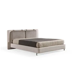 Dipan Faro modern minimalis berlapis fabric abu-abu premium dengan headboard berlapis bantal modular, cocok untuk kamar tidur mewah - Dipan Jakarta