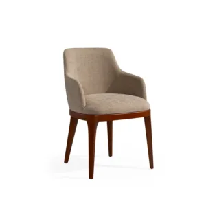 Komo Dining Armchair kursi makan dengan sandaran tangan rangka kayu solid cherry pelapis kain tekstur taupe minimalis elegan untuk ruang makan kontemporer