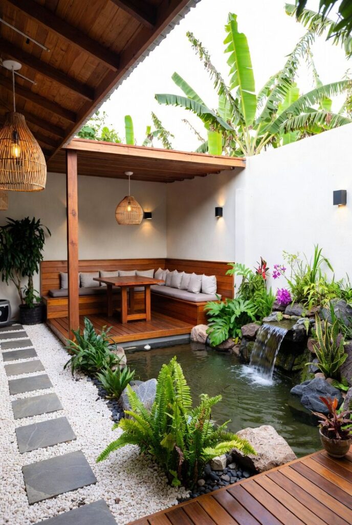 Teras dengan Kolam Mini atau Air Mancur