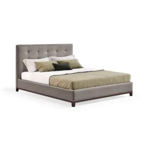 Ubud Dipan Modern Custom Abu-abu Fabric Button Tufting - Tempat Tidur Minimalis Contemporary Jakarta dengan Kaki Kayu Gelap
