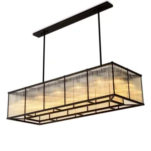 Benini Chandelier lampu gantung rectangular kaca ribbed besi hitam matte modern industrial Jakarta