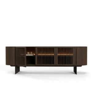 Holz Sideboard lemari buffet kayu walnut coklat tua 4 pintu slatted LED interior modern Jakarta