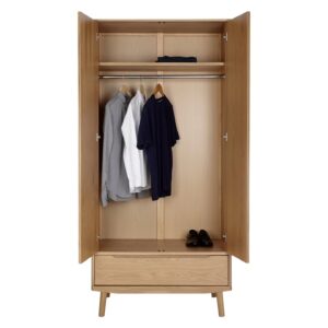 Japandi wardrobe inside Japandi Wardrobe lemari pakaian 2 pintu kayu oak natural 1 laci kaki lancip scandinavian minimalis Jakarta