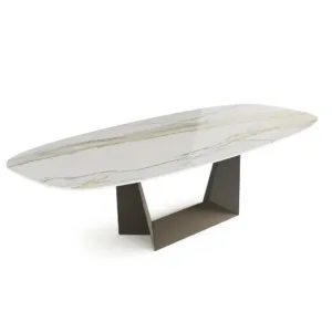 Orion Dining Table meja makan hotel modern dengan top putih berurat emas dan kaki logam geometris