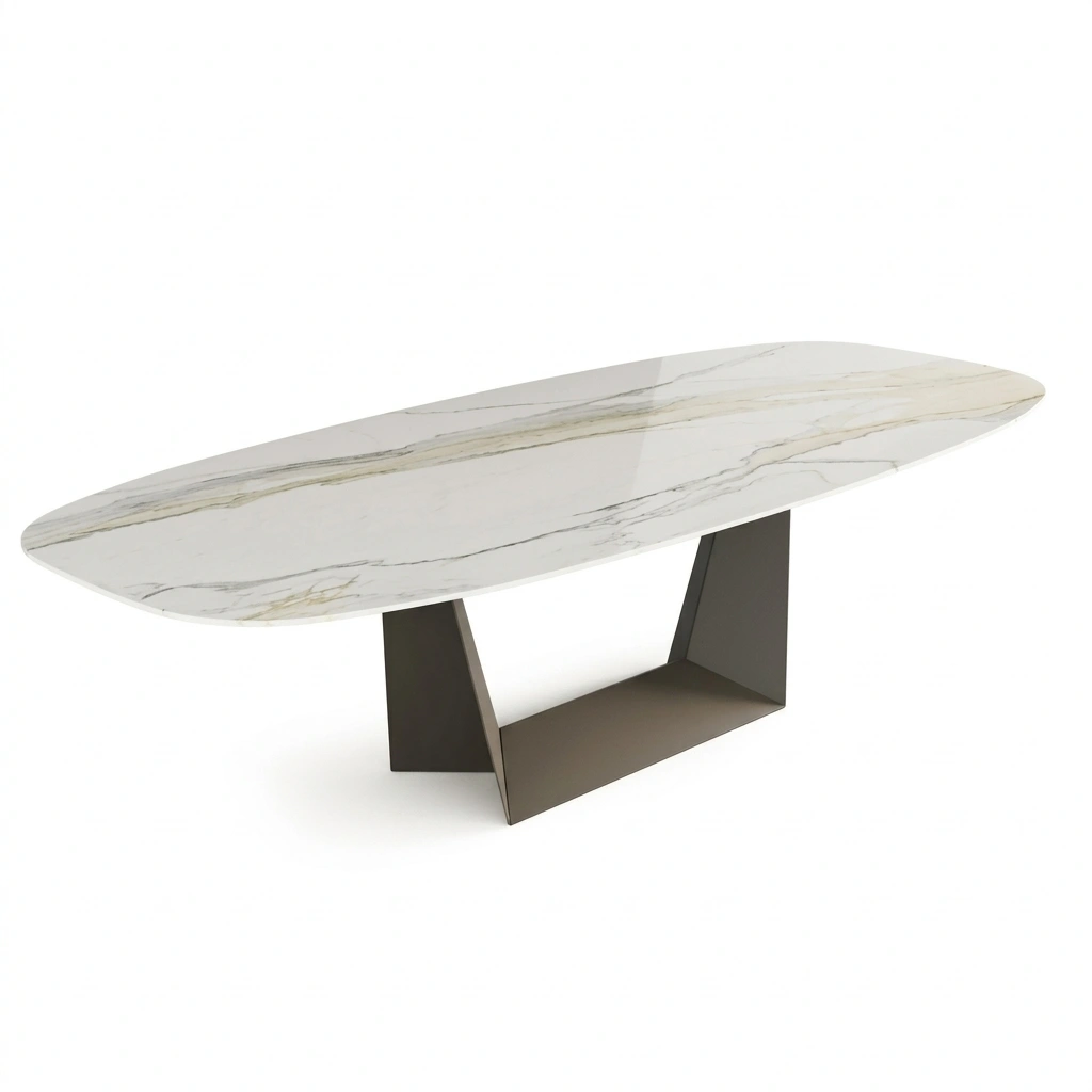 Orion Dining Table Orion Dining Table meja makan hotel modern dengan top putih berurat emas dan kaki logam geometris