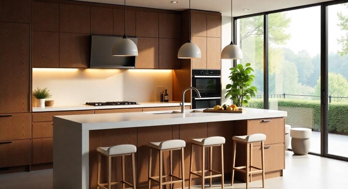 Portofolio kitchen set rumah ibu Muji Kitchen set minimalis dengan kabinet putih, backsplash mozaik, dan island modern di dapur rumah.